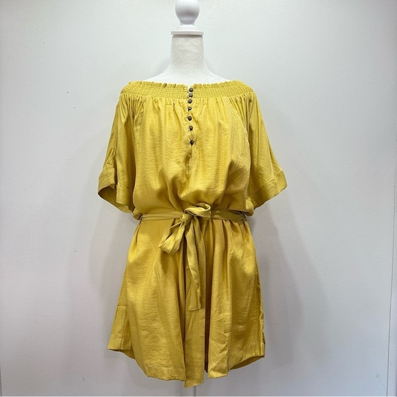 Mustard Yellow Off Shoulder Ruched Top Shorts Romper by Fate - Picture 1 of 12